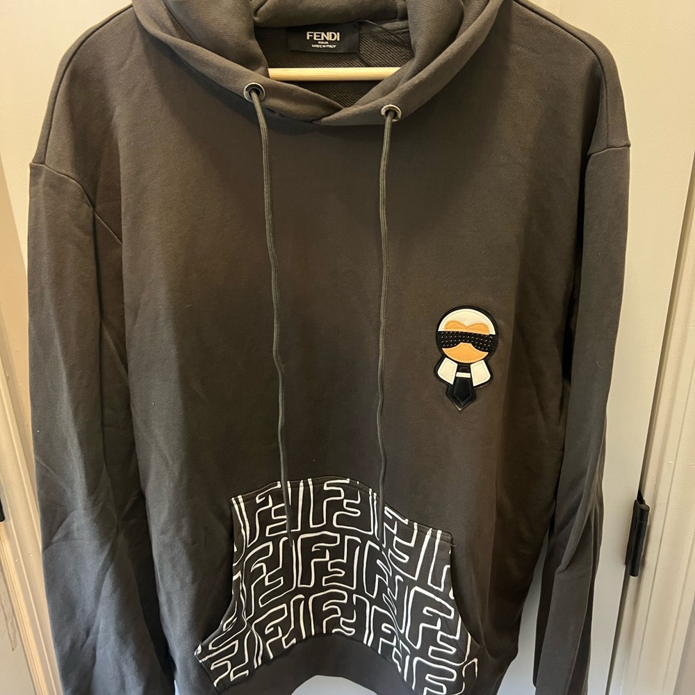 Fendi Charcoal Black Graphic Logo Hoodie with Patch Detail